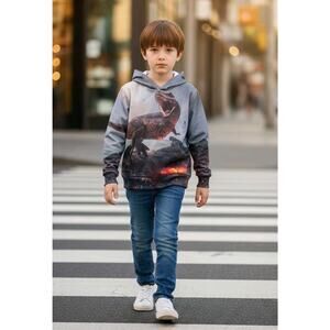 Boy's T REX Dinosaur Hoodie With Pockets Sweatshirt Back Front Print Size 8-10